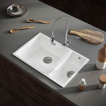Bower 1.5 Bowl Gloss White Composite Kitchen Sink + Chrome Wastes - VSNK104