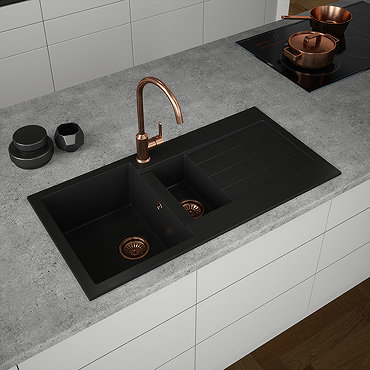 Bower 1.5 Bowl Matt Black Composite Kitchen Sink + Chrome Wastes - VSNK061