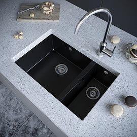 Venice 1.5 Bowl Matt Black Inset or Undermount Composite Kitchen Sink Large Image
