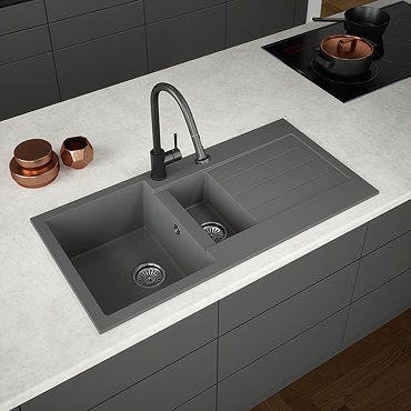 Bower 1.5 Bowl Matt Grey Composite Kitchen Sink + Chrome Wastes - VSNK077