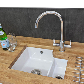 Bower 1.5 Bowl White Ceramic Undermount Kitchen Sink + Wastes