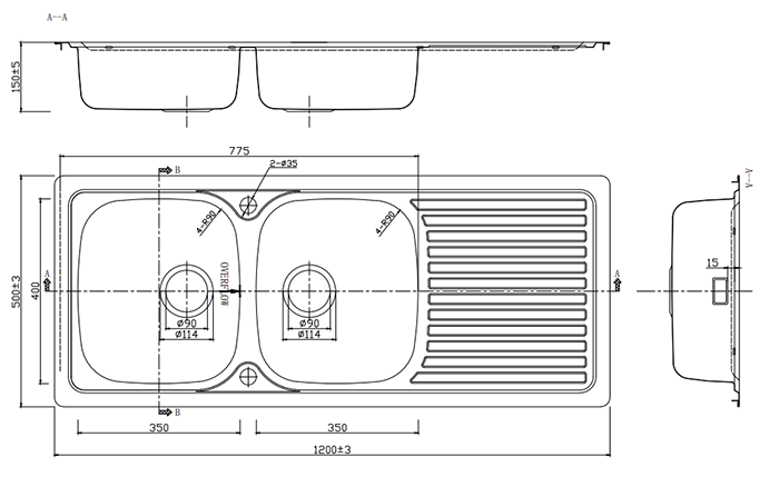 Bower 1200 x 500mm Stainless Steel 2.0 Bowl Kitchen Sink