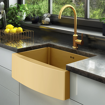 Bower 600 x 450 Brushed Brass Curved Stainless Steel Belfast Kitchen Sink + Waste