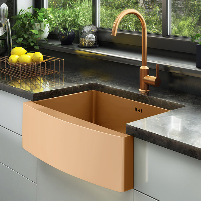 Bower 600 x 450 Brushed Copper Curved Stainless Steel Belfast Kitchen Sink + Waste