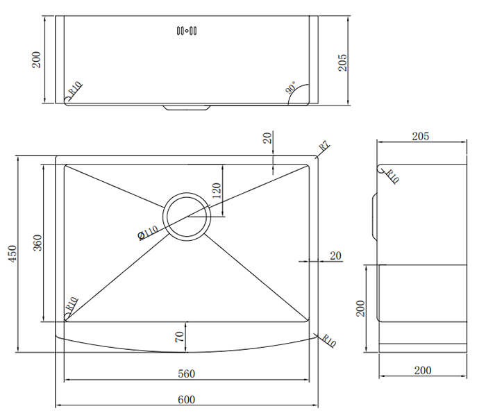 Bower 600 x 450 Brushed Stainless Steel Curved Belfast Kitchen Sink + Waste