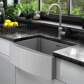 Bower 600 x 450 Brushed Stainless Steel Curved Belfast Kitchen Sink + Waste
