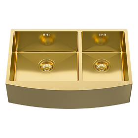 Bower 760 x 500 Brushed Brass Curved Double Bowl Stainless Steel Belfast Kitchen Sink + Wastes