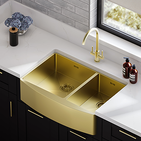 Bower 760 x 500 Brushed Brass Curved Double Bowl Stainless Steel Belfast Kitchen Sink + Wastes