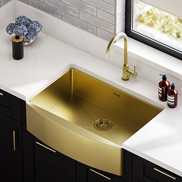 Bower 760 x 500 Brushed Brass Curved Stainless Steel Belfast Kitchen Sink + Waste