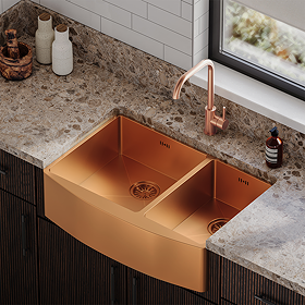 Bower 760 x 500 Brushed Copper Curved Double Bowl Stainless Steel Belfast Kitchen Sink + Wastes