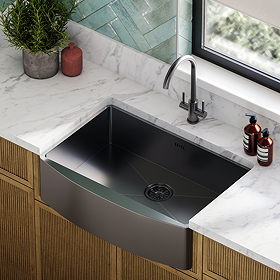 Bower 760 x 500 Brushed Gunmetal Curved Stainless Steel Belfast Kitchen Sink + Waste