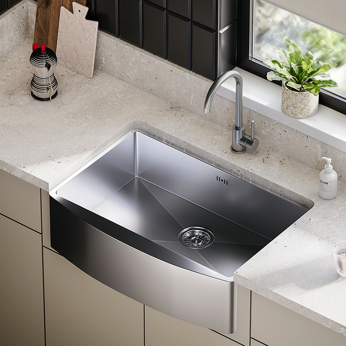 Bower 760 x 500 Brushed Stainless Steel Curved Belfast Kitchen Sink + Waste