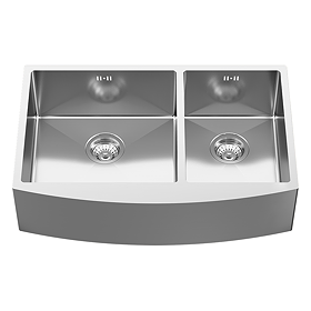 Bower 760 x 500 Brushed Stainless Steel Curved Double Bowl Belfast Kitchen Sink + Wastes