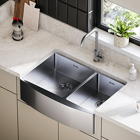 Bower 760 x 500 Brushed Stainless Steel Curved Double Bowl Belfast Kitchen Sink + Wastes