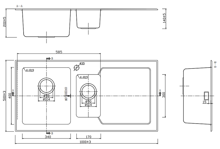 Bower Black Glass 1000 x 500mm Stainless Steel 1.5 Bowl Kitchen Sink