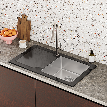 Bower Black Glass 860 x 500mm Stainless Steel 1.0 Bowl Kitchen Sink
