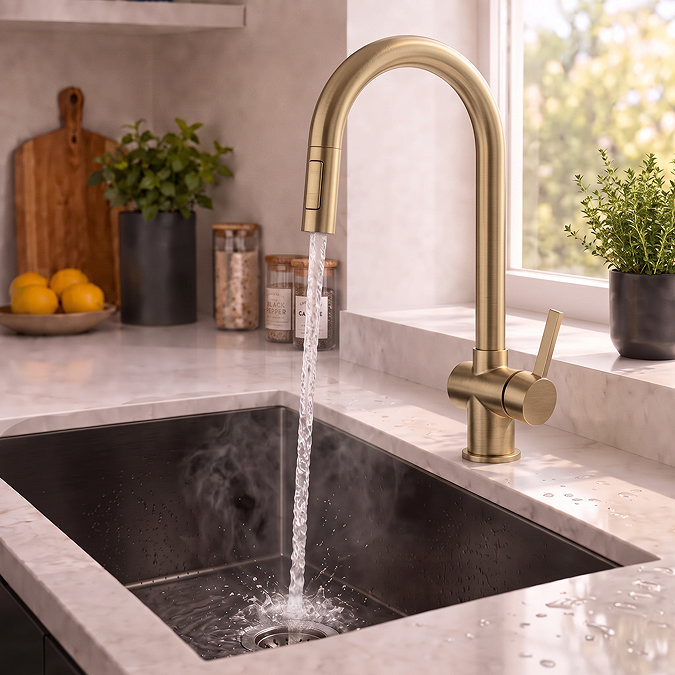 Bower Brushed Brass Single Lever Kitchen Tap with Pull Out Spray