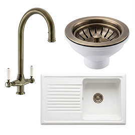 Bower Ceramic 1.0 Bowl Kitchen Sink & Traditional Pull-Out Kitchen Tap - Antique Brass