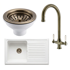 Bower Ceramic 1.0 Bowl Kitchen Sink & Traditional Pull-Out Kitchen Tap - Antique Brass