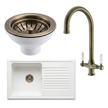 Bower Ceramic 1.0 Bowl Kitchen Sink & Traditional Pull-Out Kitchen Tap - Antique Brass