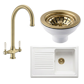 Bower Ceramic 1.0 Bowl Kitchen Sink & Traditional Pull-Out Kitchen Tap - Brushed Brass