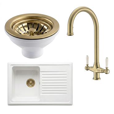 Bower Ceramic 1.0 Bowl Kitchen Sink & Traditional Pull-Out Kitchen Tap - Brushed Brass