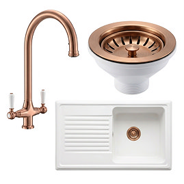 Bower Ceramic 1.0 Bowl Kitchen Sink & Traditional Pull-Out Kitchen Tap - Brushed Copper