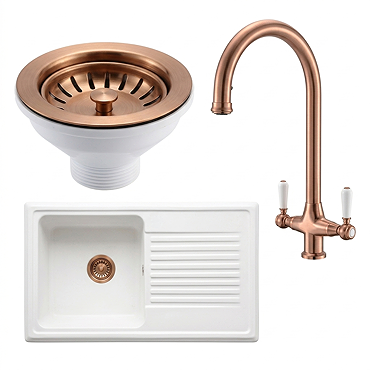 Bower Ceramic 1.0 Bowl Kitchen Sink & Traditional Pull-Out Kitchen Tap - Brushed Copper