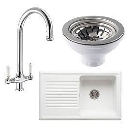 Bower Ceramic 1.0 Bowl Kitchen Sink & Traditional Pull-Out Kitchen Tap - Chrome
