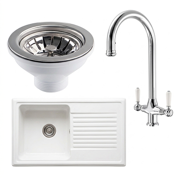 Bower Ceramic 1.0 Bowl Kitchen Sink & Traditional Pull-Out Kitchen Tap - Chrome