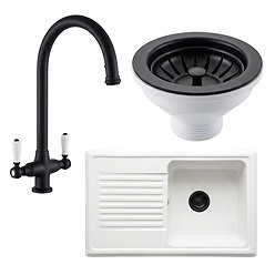 Bower Ceramic 1.0 Bowl Kitchen Sink & Traditional Pull-Out Kitchen Tap - Matt Black
