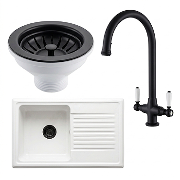 Bower Ceramic 1.0 Bowl Kitchen Sink & Traditional Pull-Out Kitchen Tap - Matt Black