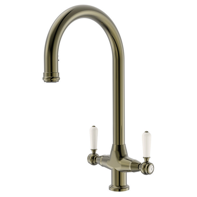Bower Ceramic 1.5 Bowl Kitchen Sink & Traditional Pull-Out Kitchen Tap - Antique Brass