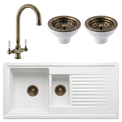 Bower Ceramic 1.5 Bowl Kitchen Sink & Traditional Pull-Out Kitchen Tap - Antique Brass