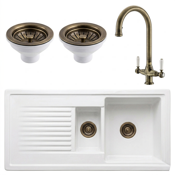 Bower Ceramic 1.5 Bowl Kitchen Sink & Traditional Pull-Out Kitchen Tap - Antique Brass