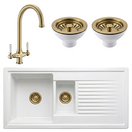 Bower Ceramic 1.5 Bowl Kitchen Sink & Traditional Pull-Out Kitchen Tap - Brushed Brass