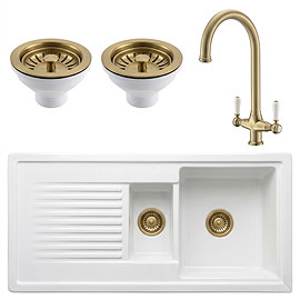 Bower Ceramic 1.5 Bowl Kitchen Sink & Traditional Pull-Out Kitchen Tap - Brushed Brass