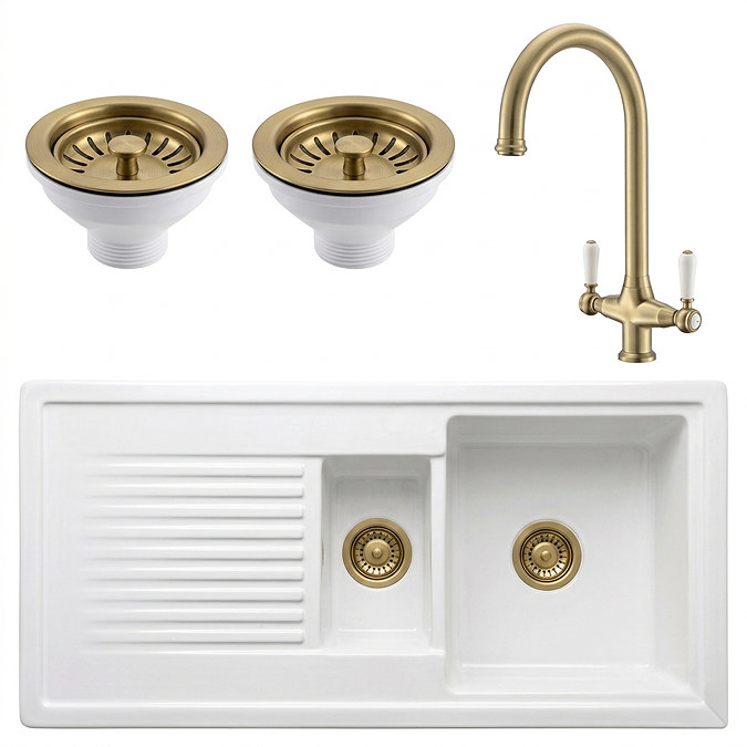 Bower Ceramic 1.5 Bowl Kitchen Sink & Traditional Pull-Out Kitchen Tap - Brushed Brass
