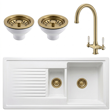 Bower Ceramic 1.5 Bowl Kitchen Sink & Traditional Pull-Out Kitchen Tap - Brushed Brass