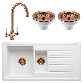 Bower Ceramic 1.5 Bowl Kitchen Sink & Traditional Pull-Out Kitchen Tap - Brushed Copper
