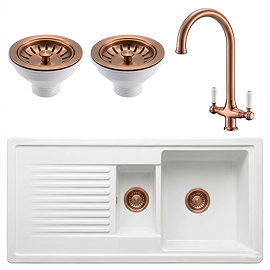Bower Ceramic 1.5 Bowl Kitchen Sink & Traditional Pull-Out Kitchen Tap - Brushed Copper