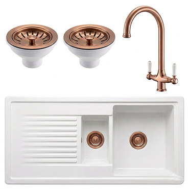 Bower Ceramic 1.5 Bowl Kitchen Sink & Traditional Pull-Out Kitchen Tap - Brushed Copper