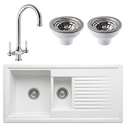 Bower Ceramic 1.5 Bowl Kitchen Sink & Traditional Pull-Out Kitchen Tap - Chrome