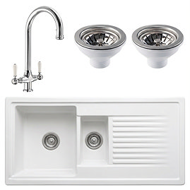 Bower Ceramic 1.5 Bowl Kitchen Sink & Traditional Pull-Out Kitchen Tap - Chrome