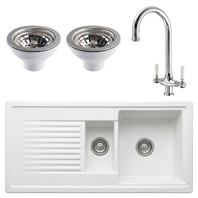 Bower Ceramic 1.5 Bowl Kitchen Sink & Traditional Pull-Out Kitchen Tap - Chrome