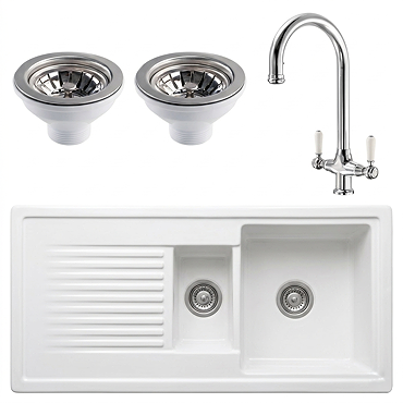 Bower Ceramic 1.5 Bowl Kitchen Sink & Traditional Pull-Out Kitchen Tap - Chrome