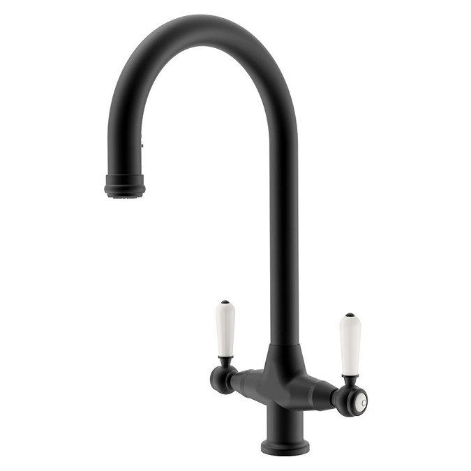 Bower Ceramic 1.5 Bowl Kitchen Sink & Traditional Pull-Out Kitchen Tap - Matt Black