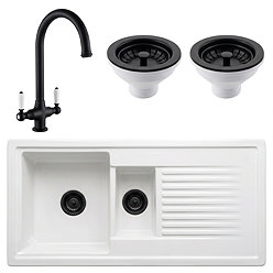 Bower Ceramic 1.5 Bowl Kitchen Sink & Traditional Pull-Out Kitchen Tap - Matt Black