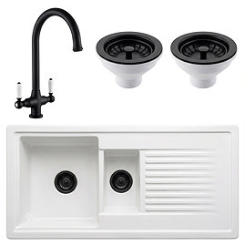 Bower Ceramic 1.5 Bowl Kitchen Sink & Traditional Pull-Out Kitchen Tap - Matt Black