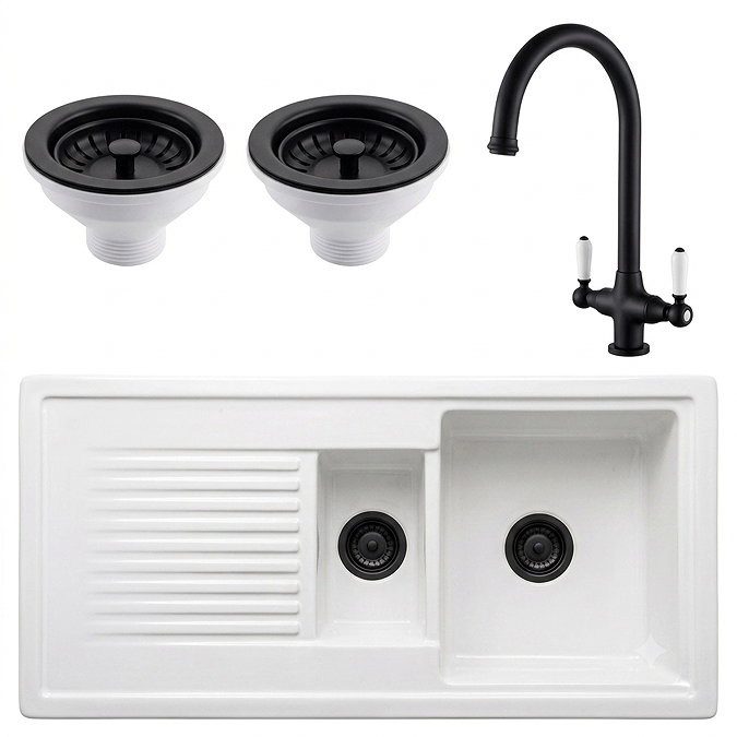 Bower Ceramic 1.5 Bowl Kitchen Sink & Traditional Pull-Out Kitchen Tap - Matt Black